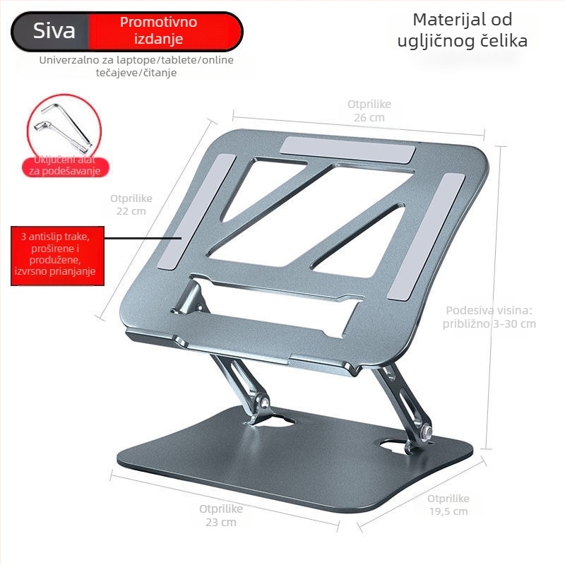 Nadstojni nosač za prijenosno računalo od aluminijske legure, sklopiv, s podesivom visinom, dvostruko hlađenje za laptop i tablet