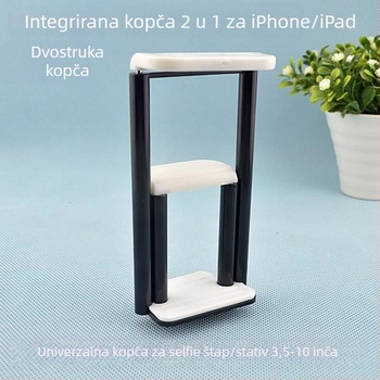 2-u-1 klip nosač za telefon i tablet – držač za selfie, gledanje videa i fotografije; podržava telefone 3.5–5.5 inča i tablete 7–10 inča; kompatibilan s Apple, Samsung, Huawei, Lenovo, HTC, LG; dostupno u 6 boja: crna, srebrna, plava, zlatna, ružičasta, lj