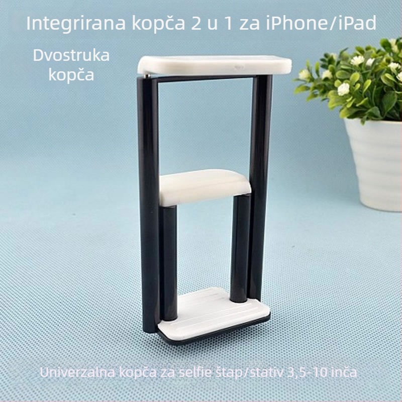 2-u-1 klip nosač za telefon i tablet – držač za selfie, gledanje videa i fotografije; podržava telefone 3.5–5.5 inča i tablete 7–10 inča; kompatibilan s Apple, Samsung, Huawei, Lenovo, HTC, LG; dostupno u 6 boja: crna, srebrna, plava, zlatna, ružičasta, lj
