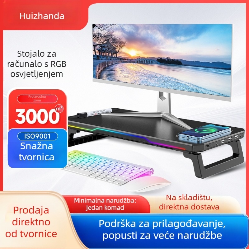 Stalak za monitor s USB-C HUB-om i bežičnim punjenjem, dvostruko podesiva visina, ergonomska stolna podrška za prijenosno računalo BT109