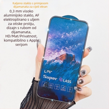 Dijamantno ukrašena staklena zaštita zaslona za iPhone 14 Pro Max – HD, protiv otisaka prstiju, protiv špijuniranja, Puni zaslon