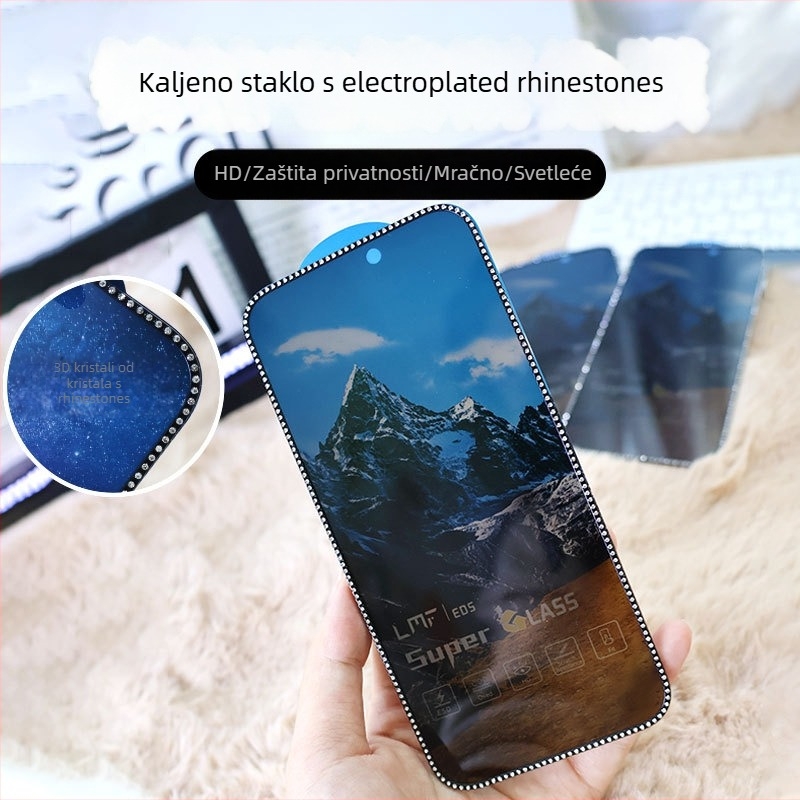 Dijamantno ukrašena staklena zaštita zaslona za iPhone 14 Pro Max – HD, protiv otisaka prstiju, protiv špijuniranja, Puni zaslon