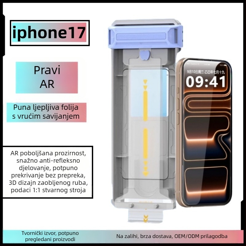 Kaljeno staklo zaštita zaslona za iPhone 17 Pro Max, s punim ljepilom, AR anti-refleksija, prašini otporno, HD jasnoća, brza instalacija