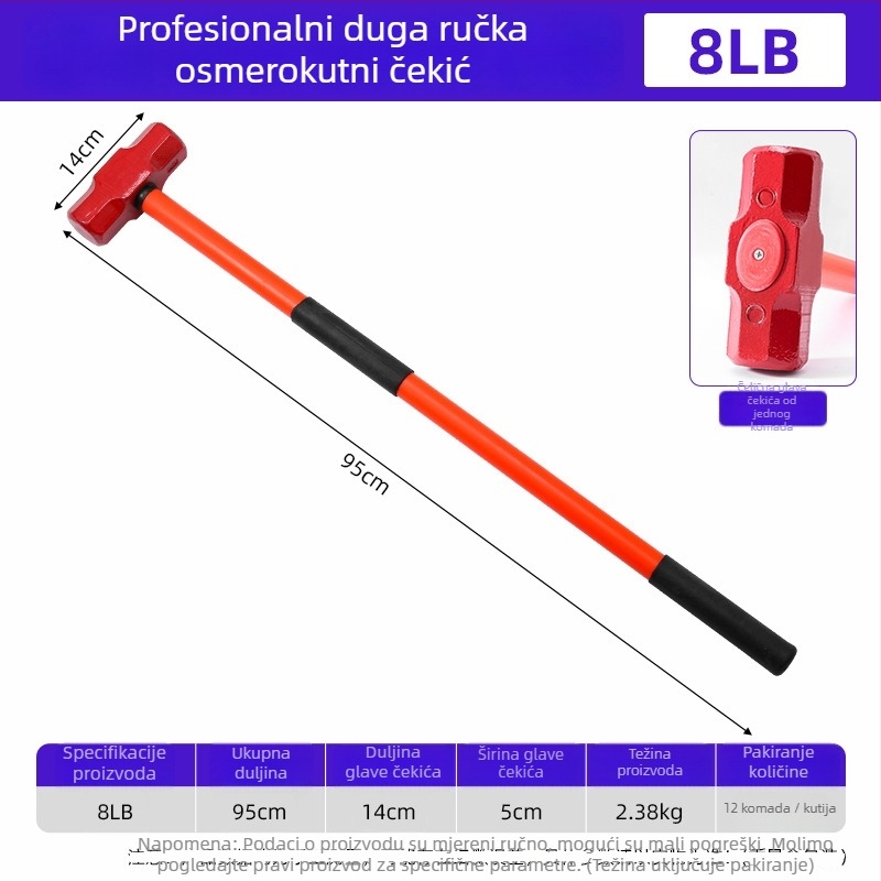 Kladivo otporno na udarce s osmerokutnom glavom, glava od čelika 45, plastična drška, neto težina 2,64 kg