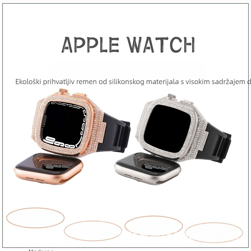 Zaštitni kućište za Apple Watch s dijamantnim ugraviranjem; kućište od legure i silikonog remena; kompatibilno s Apple Watch Series 7/8 i SE; težina 65 g.