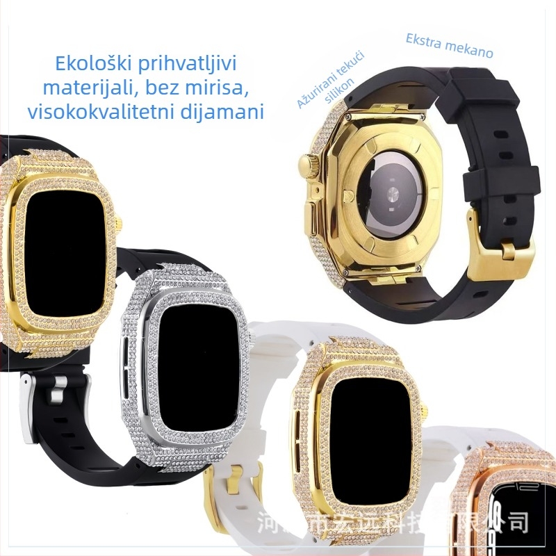 Zaštitni kućište za Apple Watch s dijamantnim ugraviranjem; kućište od legure i silikonog remena; kompatibilno s Apple Watch Series 7/8 i SE; težina 65 g.