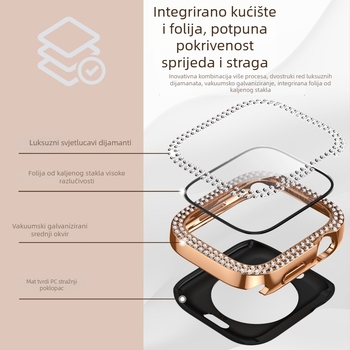 Kućište za Apple Watch s dvostrukim redom dijamanata i integriranim zaštitnim slojem zaslona, 360° potpuno pokriće, kaljeno staklo