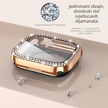 Kućište za Apple Watch s dvostrukim redom dijamanata i integriranim zaštitnim slojem zaslona, 360° potpuno pokriće, kaljeno staklo
