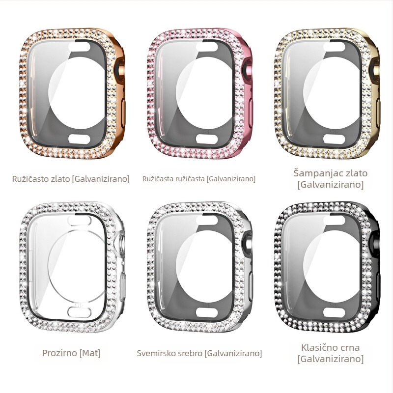 Kućište za Apple Watch s dvostrukim redom dijamanata i integriranim zaštitnim slojem zaslona, 360° potpuno pokriće, kaljeno staklo