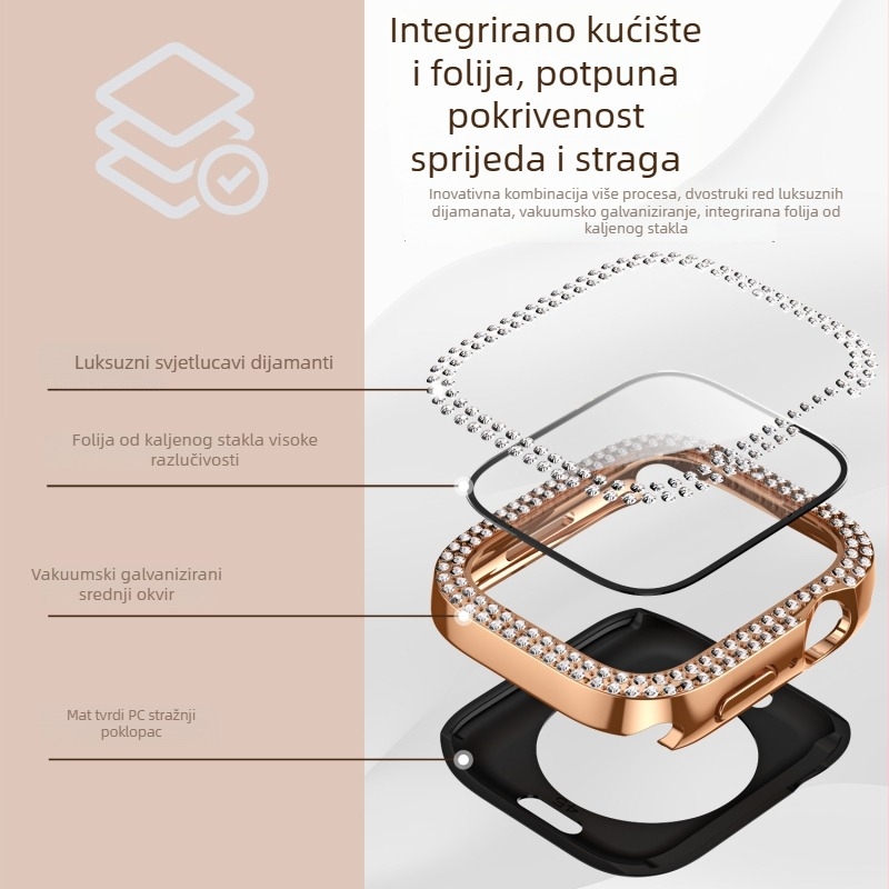 Kućište za Apple Watch s dvostrukim redom dijamanata i integriranim zaštitnim slojem zaslona, 360° potpuno pokriće, kaljeno staklo