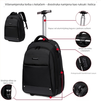 Unisex ruksak s kotačićima za poslovna putovanja | Oxford platno, vodootporan i protiv krađe, avionski kotači