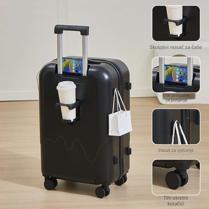Prtljažnik za kabinu s držačem za čaše i USB punjenjem, ABS+PC, ultra lagana 2,5 kg, animirani uzorak, proširiva, s univerzalnim kotačićima