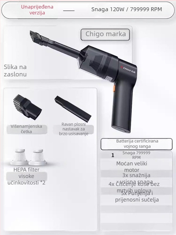 Chigo ručni usisavač za auto, bežični, 120W, 4500Pa, punjivi