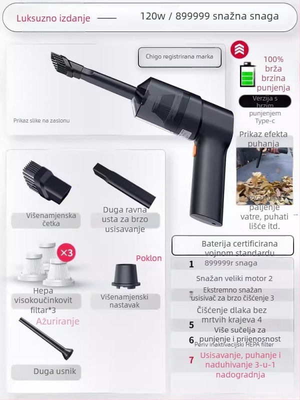Chigo ručni usisavač za auto, bežični, 120W, 4500Pa, punjivi