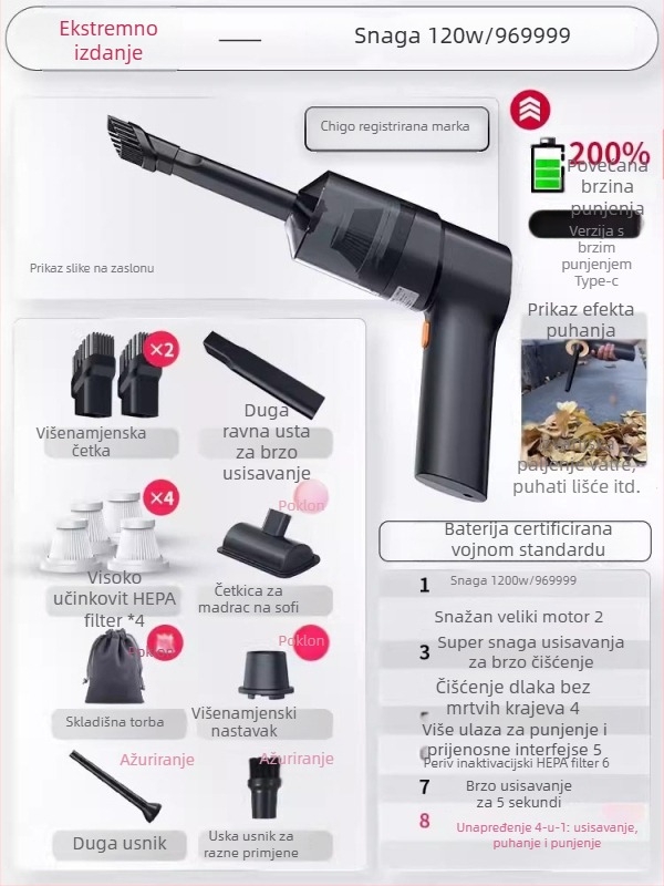 Chigo ručni usisavač za auto, bežični, 120W, 4500Pa, punjivi