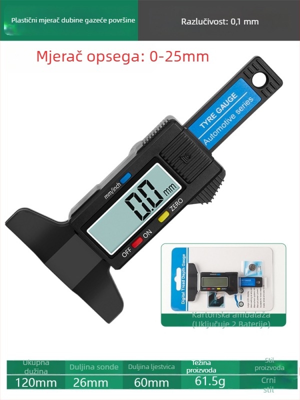 Digitalni mjerač dubine profila pneu s elektroničkim zaslonom i visokopreciznim Vernier kaliperom