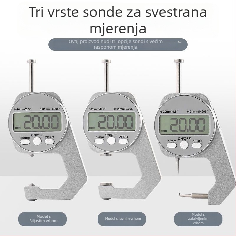 Elektronički digitalni mjerač debljine s visokom preciznošću mikrometarskog kalipa, ravni i šiljasti vrh, za mjerenje debljine stakla, papira i ploča
