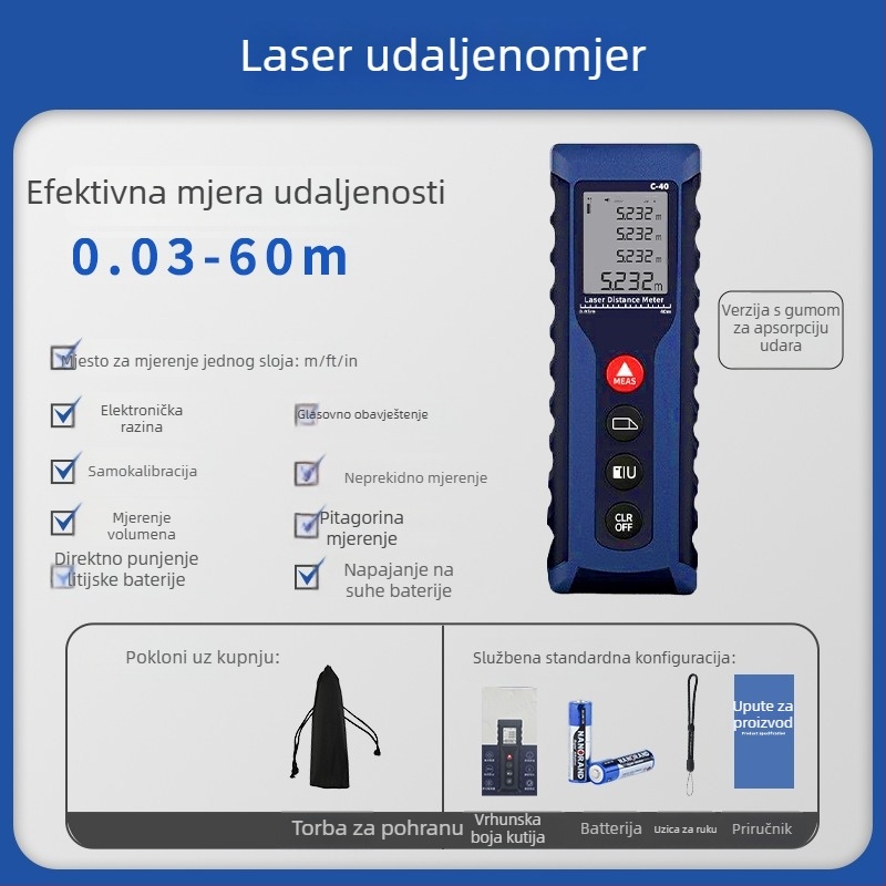 Ručni laserski mjerač udaljenosti, visoka preciznost, višenamjensko infracrveno mjerenje, točno mjerenje prostorija, elektronički mjerni pravilo