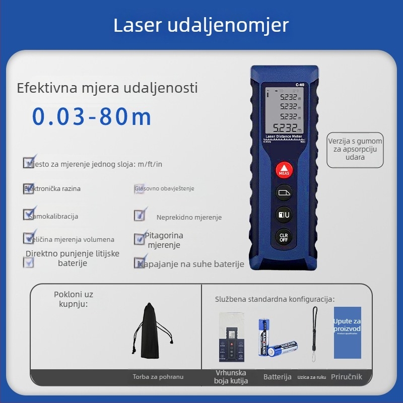 Ručni laserski mjerač udaljenosti, visoka preciznost, višenamjensko infracrveno mjerenje, točno mjerenje prostorija, elektronički mjerni pravilo