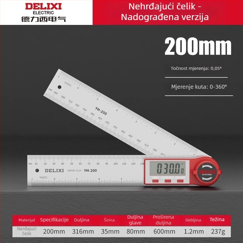 Delixi digitalni kutomjer s digitalnim prikazom za stolariju, mjerenje 90° i 360°