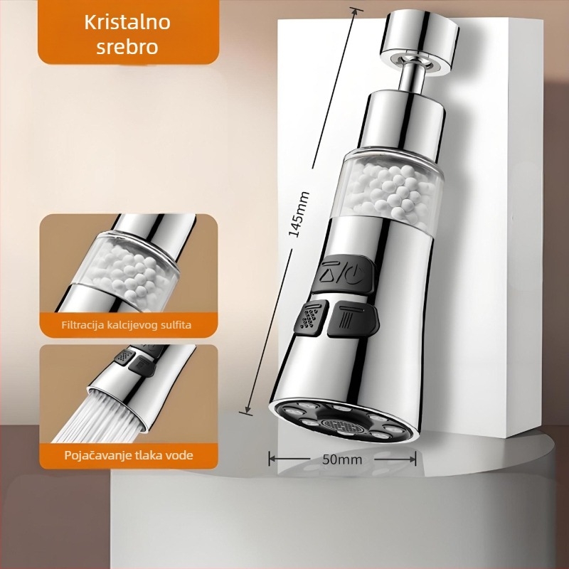 Kuhinjska slavina – sprječavanje prskanja, univerzalni produživač sudopera, filtrirajući aerator booster (Model: 0603; Materijal: ABS + nehrđajući čelik; Površinska obrada: elektropliranje; Instalacija: navoj)