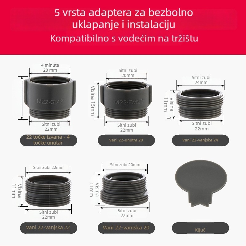 Kuhinjska slavina – sprječavanje prskanja, univerzalni produživač sudopera, filtrirajući aerator booster (Model: 0603; Materijal: ABS + nehrđajući čelik; Površinska obrada: elektropliranje; Instalacija: navoj)