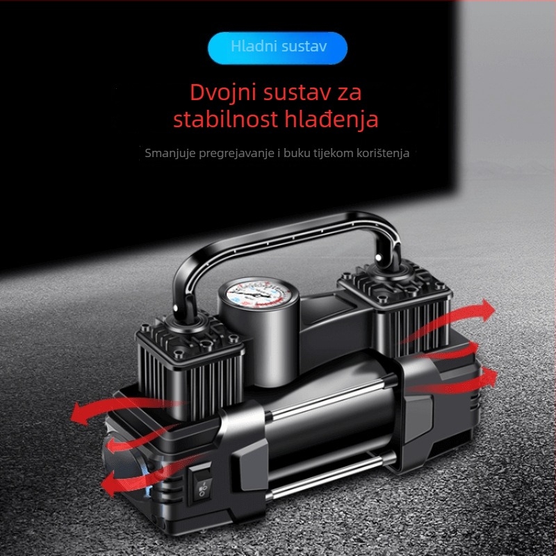 Dvocilindrična pumpa za zrak u automobilu, 220W, napajanje 12V iz cigaretne utičnice, prijenosna visokotlačna pumpa s manometrom