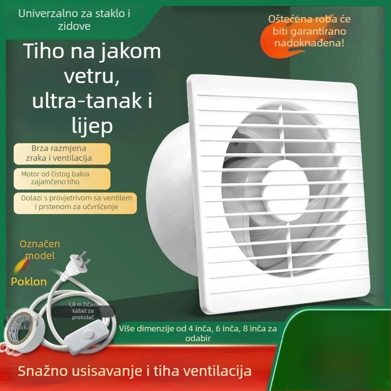 Zidni ventilator za ventilaciju s 3 lopatice, tih, motor od čistog bakra, daljinsko upravljanje, za kuhinju i kupaonu