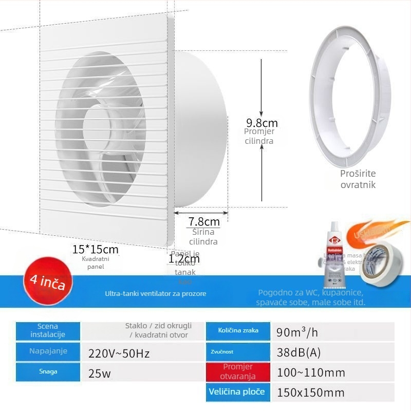 Zidni ventilator za ventilaciju s 3 lopatice, tih, motor od čistog bakra, daljinsko upravljanje, za kuhinju i kupaonu