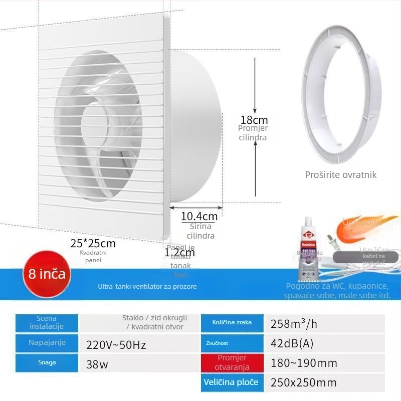 Zidni ventilator za ventilaciju s 3 lopatice, tih, motor od čistog bakra, daljinsko upravljanje, za kuhinju i kupaonu