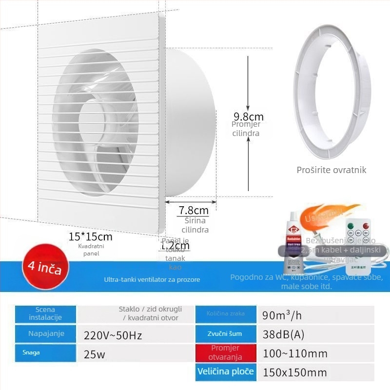 Zidni ventilator za ventilaciju s 3 lopatice, tih, motor od čistog bakra, daljinsko upravljanje, za kuhinju i kupaonu