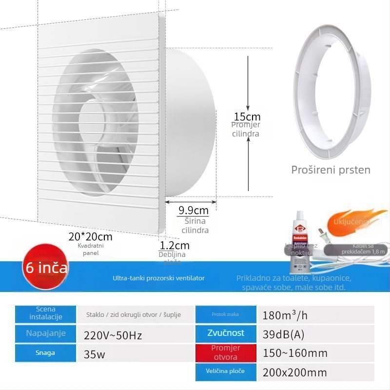 Zidni ventilator za ventilaciju s 3 lopatice, tih, motor od čistog bakra, daljinsko upravljanje, za kuhinju i kupaonu