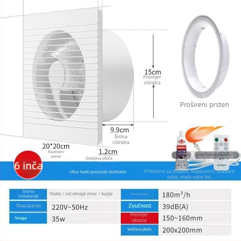 Zidni ventilator za ventilaciju s 3 lopatice, tih, motor od čistog bakra, daljinsko upravljanje, za kuhinju i kupaonu