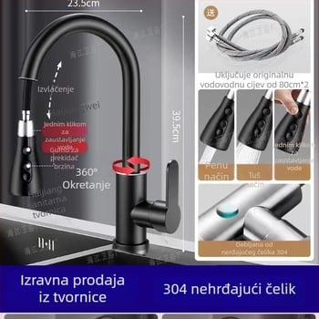 Kuhinjska slavina s povlačnim izlazom – tijelo od bakrenog legura, 0–90°C, keramički disk ventil, rotirajuće