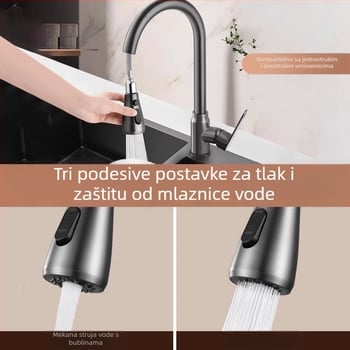 Kuhinjska slavina s povlačnim izlazom – tijelo od bakrenog legura, 0–90°C, keramički disk ventil, rotirajuće