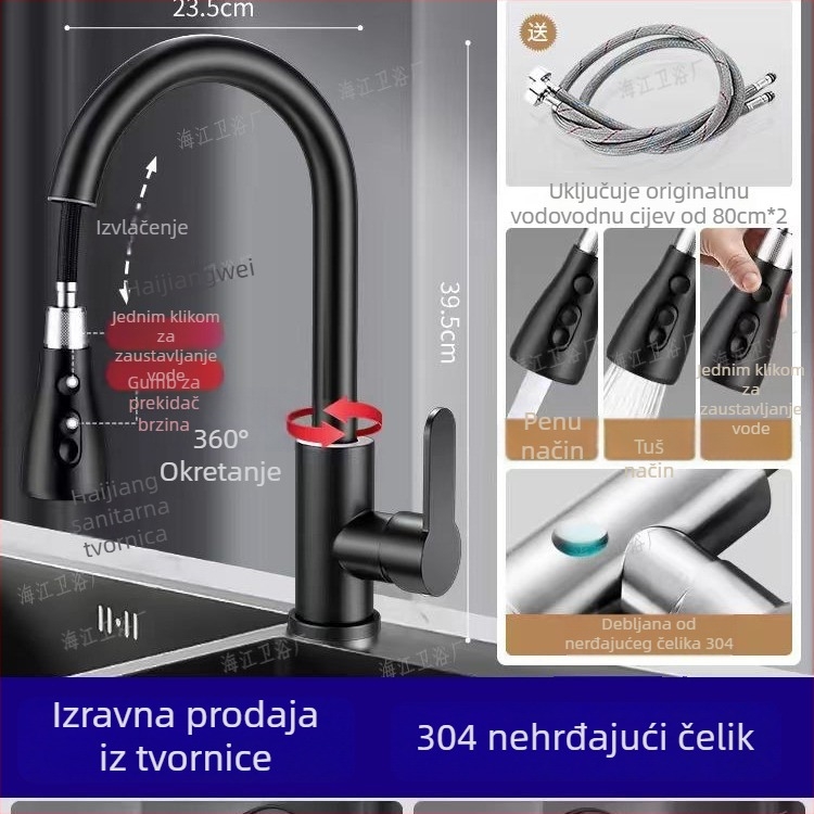 Kuhinjska slavina s povlačnim izlazom – tijelo od bakrenog legura, 0–90°C, keramički disk ventil, rotirajuće