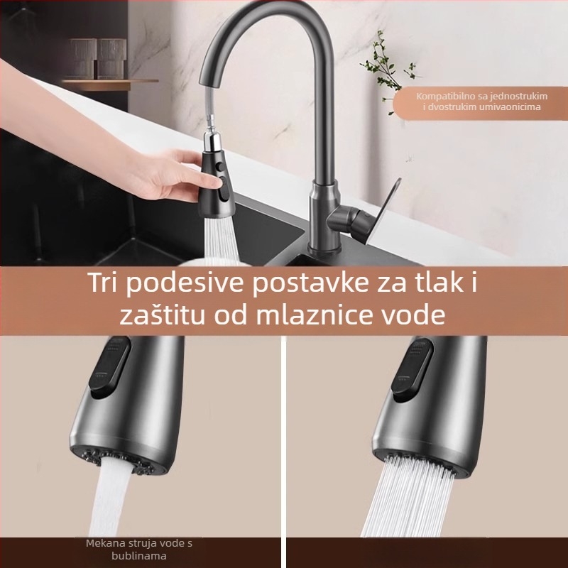 Kuhinjska slavina s povlačnim izlazom – tijelo od bakrenog legura, 0–90°C, keramički disk ventil, rotirajuće