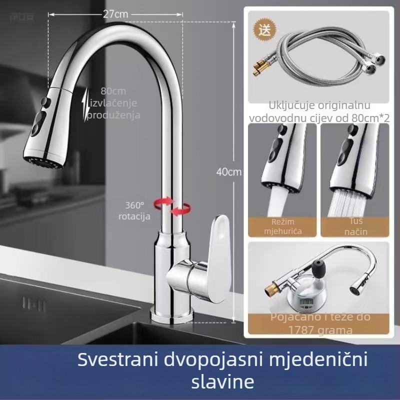 Kuhinjska slavina s povlačnim izlazom – tijelo od bakrenog legura, 0–90°C, keramički disk ventil, rotirajuće