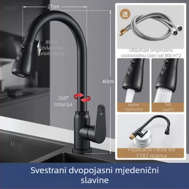 Kuhinjska slavina s povlačnim izlazom – tijelo od bakrenog legura, 0–90°C, keramički disk ventil, rotirajuće