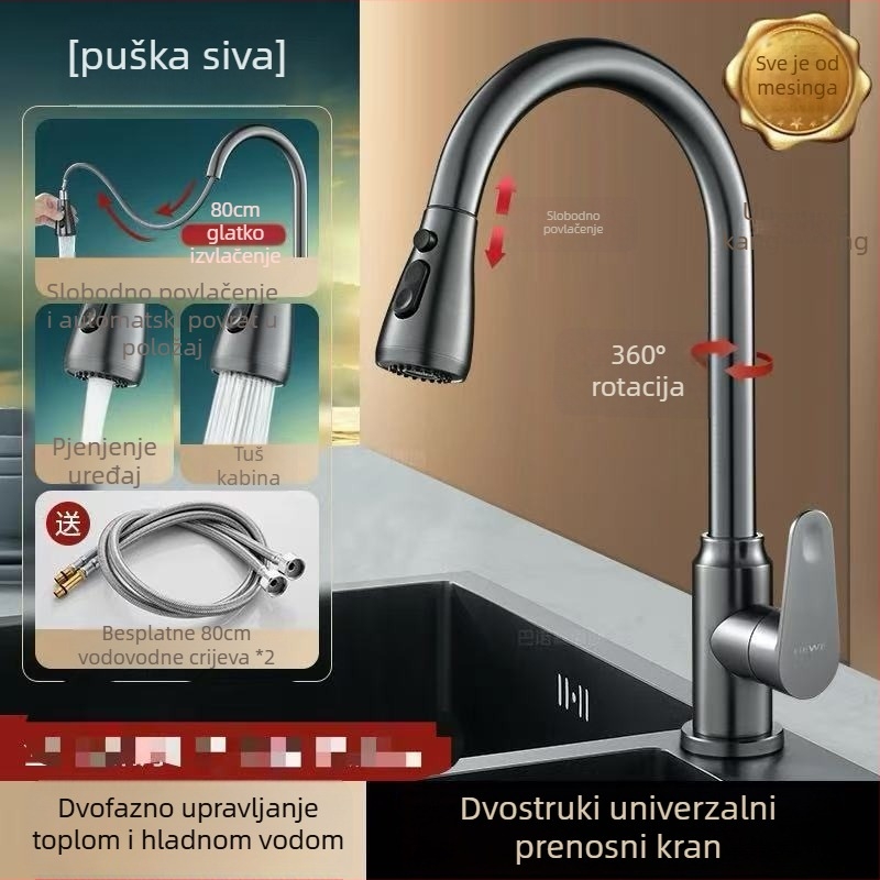 Kuhinjska slavina s povlačnim izlazom – tijelo od bakrenog legura, 0–90°C, keramički disk ventil, rotirajuće
