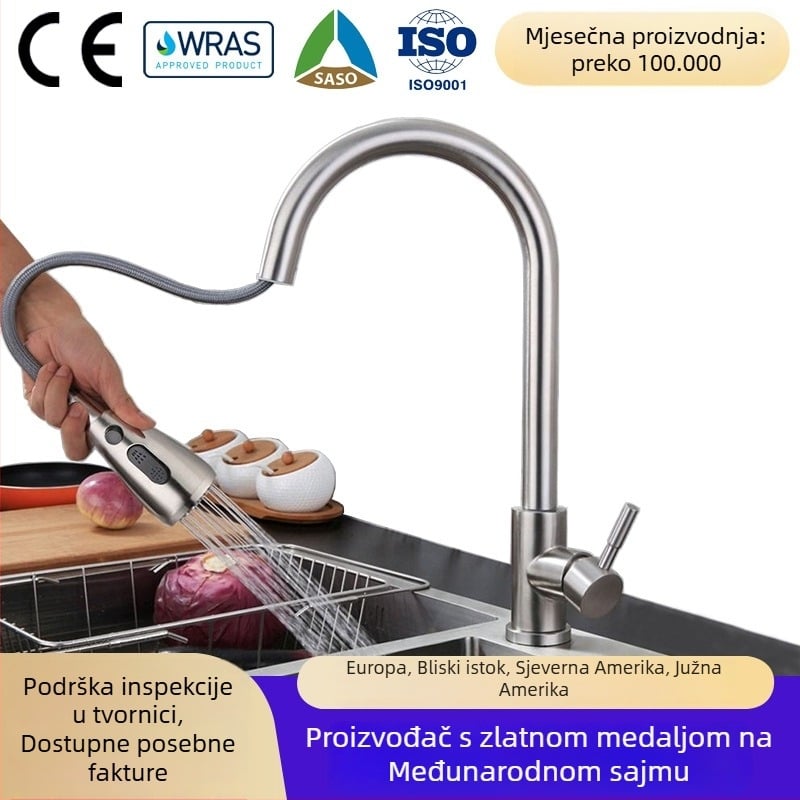Višestruki izvučni kuhinjski faucet od 304 nehrđajućeg čelika, satenski završetak, keramički disk ventila, ugradnja na ploču, podizanje