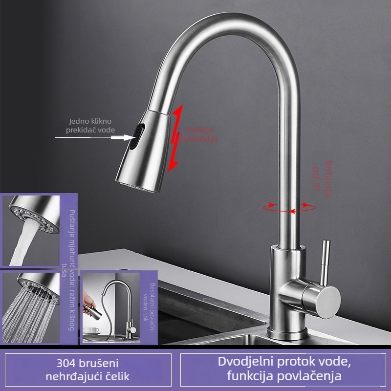 Višestruki izvučni kuhinjski faucet od 304 nehrđajućeg čelika, satenski završetak, keramički disk ventila, ugradnja na ploču, podizanje