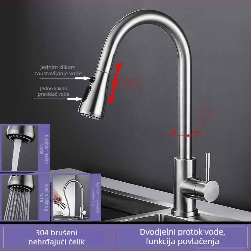 Višestruki izvučni kuhinjski faucet od 304 nehrđajućeg čelika, satenski završetak, keramički disk ventila, ugradnja na ploču, podizanje