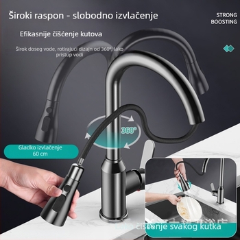Kuhinjski slavinu L5 s povlačenjem, tijelo od cinkovog legura, keramički jezgreni ventil, nominalni tlak 1,0–6 kg, raspon temperature 5–80°C, ugradnja vijcima