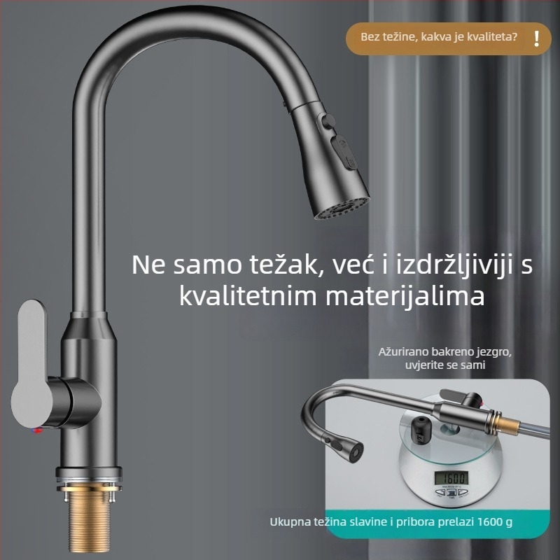 Kuhinjski slavinu L5 s povlačenjem, tijelo od cinkovog legura, keramički jezgreni ventil, nominalni tlak 1,0–6 kg, raspon temperature 5–80°C, ugradnja vijcima