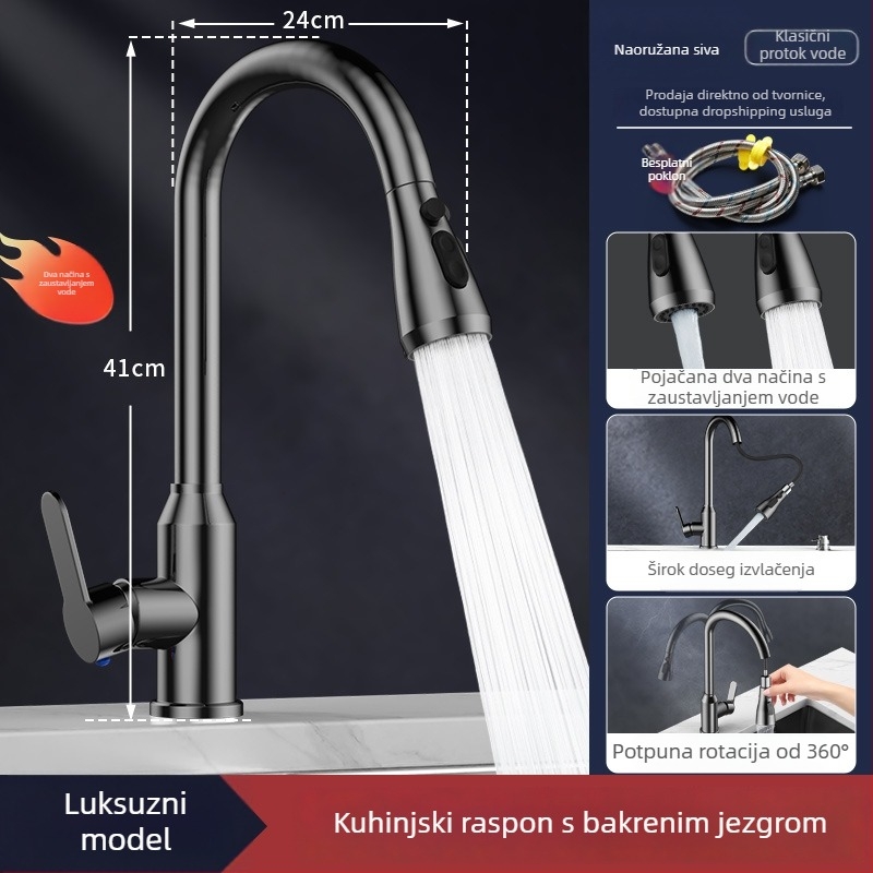 Kuhinjski slavinu L5 s povlačenjem, tijelo od cinkovog legura, keramički jezgreni ventil, nominalni tlak 1,0–6 kg, raspon temperature 5–80°C, ugradnja vijcima