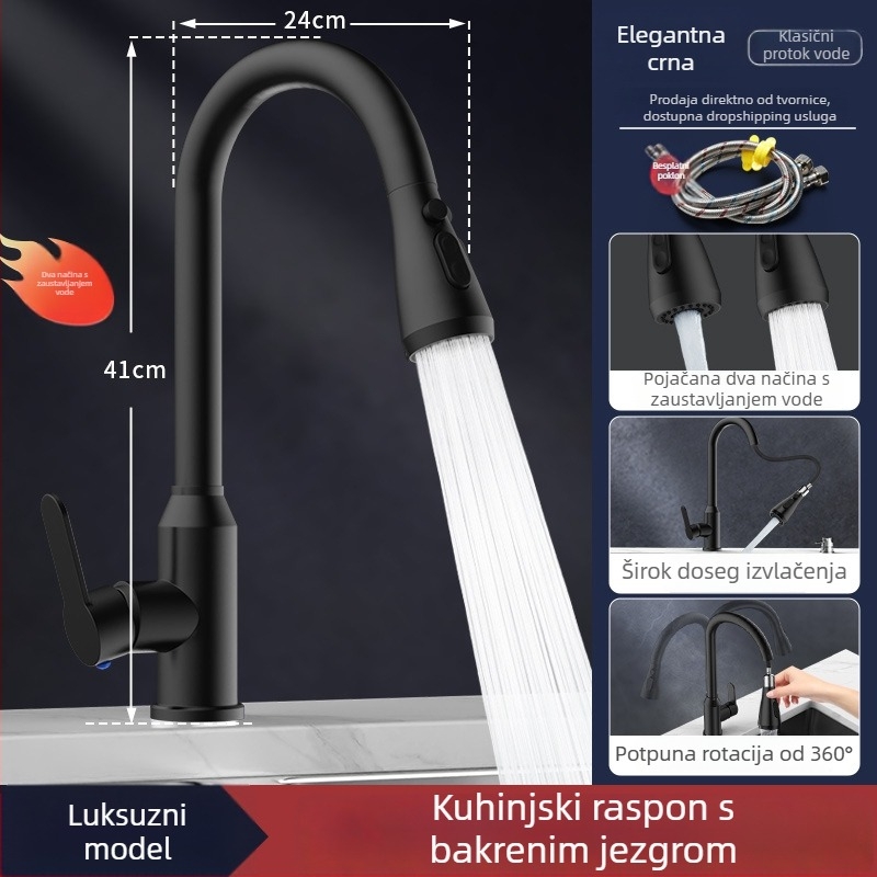 Kuhinjski slavinu L5 s povlačenjem, tijelo od cinkovog legura, keramički jezgreni ventil, nominalni tlak 1,0–6 kg, raspon temperature 5–80°C, ugradnja vijcima