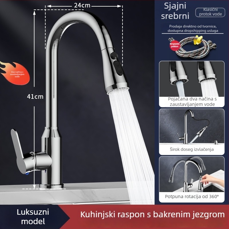 Kuhinjski slavinu L5 s povlačenjem, tijelo od cinkovog legura, keramički jezgreni ventil, nominalni tlak 1,0–6 kg, raspon temperature 5–80°C, ugradnja vijcima