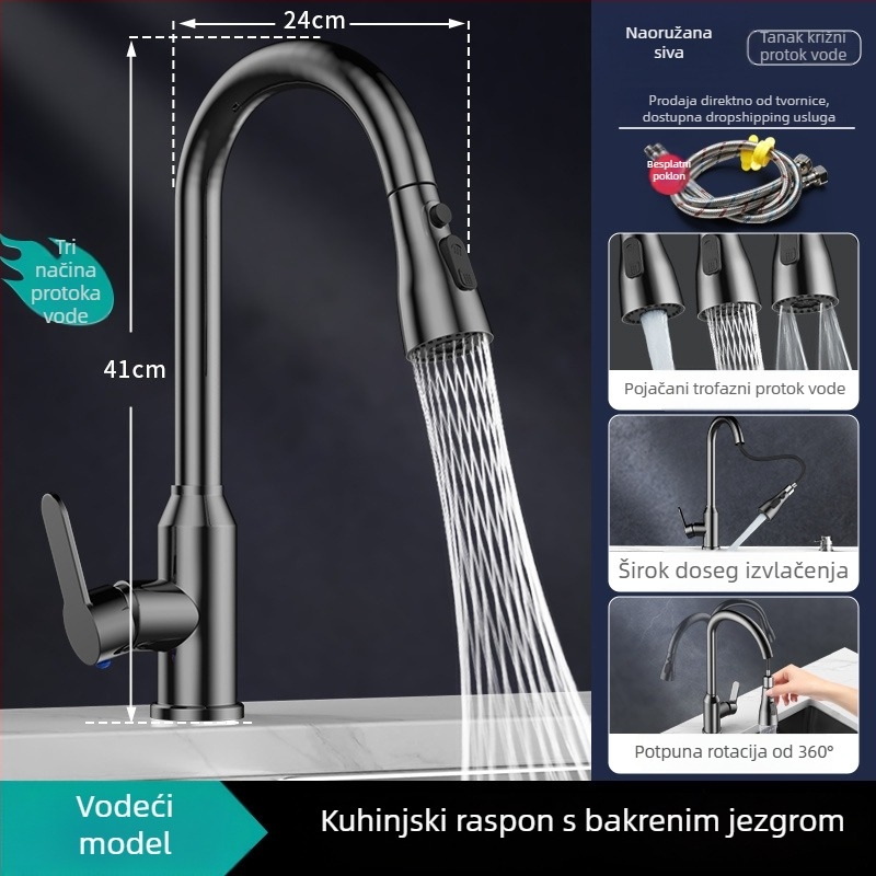 Kuhinjski slavinu L5 s povlačenjem, tijelo od cinkovog legura, keramički jezgreni ventil, nominalni tlak 1,0–6 kg, raspon temperature 5–80°C, ugradnja vijcima