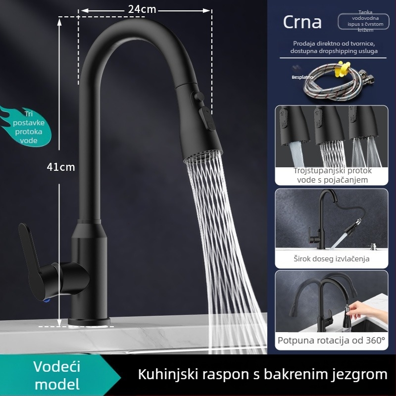 Kuhinjski slavinu L5 s povlačenjem, tijelo od cinkovog legura, keramički jezgreni ventil, nominalni tlak 1,0–6 kg, raspon temperature 5–80°C, ugradnja vijcima